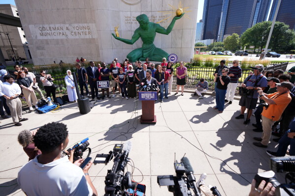 Abdul El-Sayed speaks during a news conference at the Spirit of Detroit shortly after winning the Democratic nomination for U.S. Senate in Michigan, Wednesday, Aug. 5, 2026, in Detroit. (AP Photo/Julia Demaree Nikhinson)
