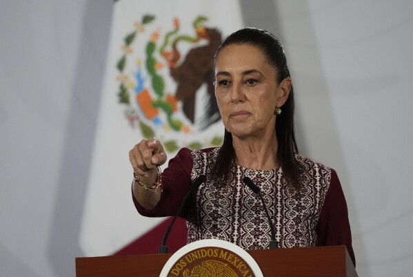 Mexican President Claudia Sheinbaum gives her morning press conference at the National Palace in Mexico City in Mexico City, Monday, June 22, 2026. (AP Photo/Marco Ugarte)