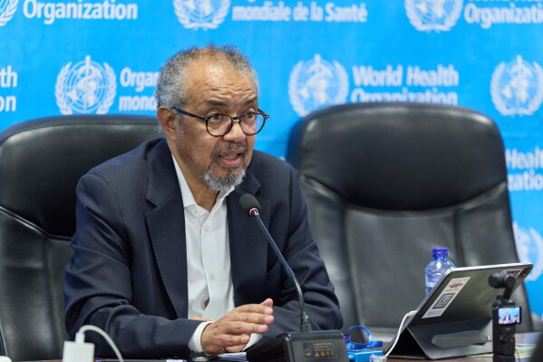In this photo released by the World Health Organization (WHO), Tedros Adhanom Ghebreyesus, WHO Director General, speaks during a meeting with partners in Kinshasa, Congo, Wednesday, Aug 5, 2026. (World Health Organization Via AP)