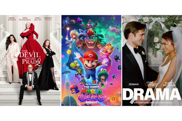 This combination of images shows promotional art for the films "The Devil Wears Prada 2," from left, "The Super Mario Galaxy Movie," and "The Drama." (20th Century Studios/Universal Pictures/A24 via AP)