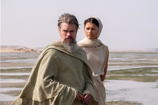 This image released by Universal Pictures shows Matt Damon as Odysseus, left, and Zendaya as Athena, in a scene from "The Odyssey." (Melinda Sue Gordon/Universal Pictures via AP)