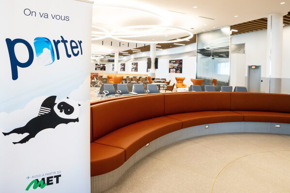 The waiting lounge of the new commercial terminal of the Montreal Metropolitan Airport is seen in Saint-Hubert, Quebec, Tuesday, March 24, 2026. (Christopher Katsarov/The Canadian Press via AP)