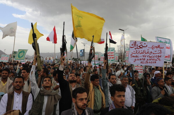 Houthi supporters attend a rally against the Saudi-led coalition in Sanaa, Yemen, Friday, July 31, 2026. (AP Photo/Osamah Abdulrahman)
