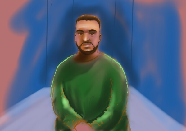 A court sketch depicts accused Bondi terrorist Naveed Akram appearing via video link at Downing Centre Local Court in Sydney, Feb. 16, 2026. (AAP Image/Rocco Fazzari)