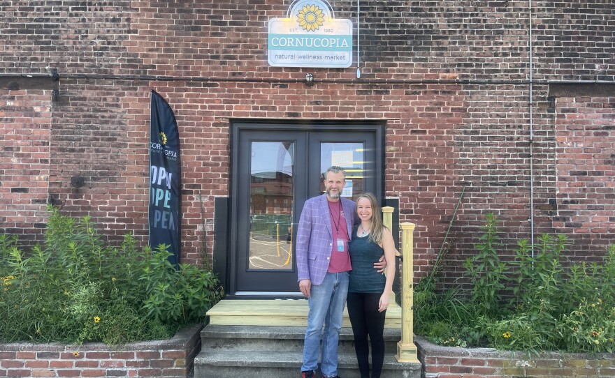 Cornucopia co-owners Nathaniel Clifford [left] and Jade Jump [right] in front of their health and wellness store, which moved to Dwight Street in Holyoke last month.