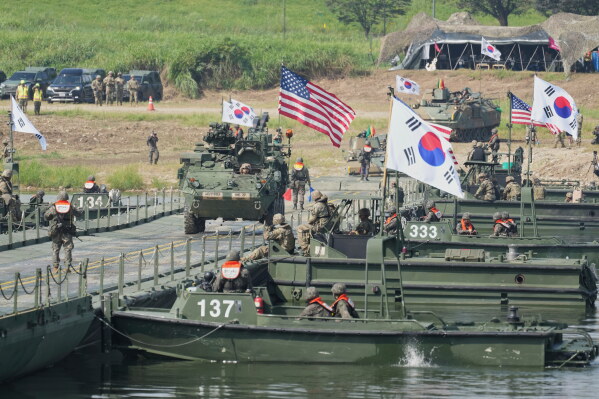 A vehicle from U.S. Army's the Stryker Combat Team crosses a floating bridge on the Namhan River during the combined river-crossing drill between South Korea and the United States as a part of the Ulchi Freedom Shield 25 in Yeoju, South Korea, Aug. 27, 2025. (AP Photo/Lee Jin-man, File)