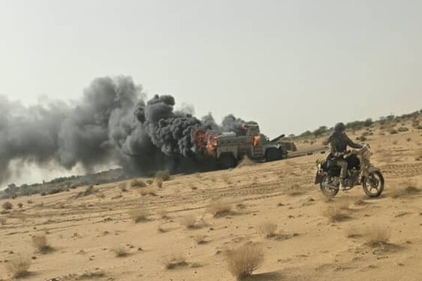 This photo released the Azaward Liberation Front (FLA) shows what they say is the aftermath of an attack by FLA separatist and jihadist militants in Gao, northern Mali Saturday, July 18, 2026, (Azaward Liberation Front via AP)