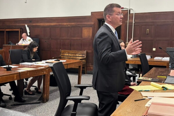 Dan McFadden, managing attorney at the American Civil Liberties Union of Massachusetts, argues to obtain records related to the medical care of U.S. Immigration and Customs Enforcement detainees at Plymouth County Correctional Facility during a hearing at Suffolk County Superior Court in Boston on July 7, 2026. Seated behind him is Jessica Kenny, general counsel for the Plymouth County Sheriff's Office, who argued against releasing the records. (Kevin G. Andrade/The New Bedford Light via AP)
