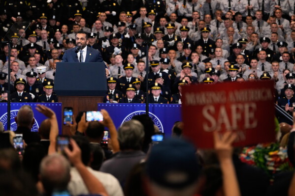 FBI director Kash Patel speaks before President Donald Trump at the David Mack Center for Training and Intelligence, Friday, Aug. 14, 2026, in Garden City, N.Y. (AP Photo/Yuki Iwamura)
