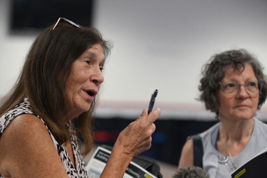 Schuylkill County residents Linda Butensky, left, and Ellie Siegfried discuss their fears with data centers.