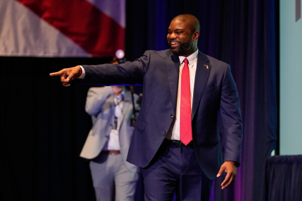 Florida Republican gubernatorial candidate Byron Donalds points at supporters during at a primary election party Tuesday, Aug. 18, 2026, in Orlando, Fla. (AP Photo/John Raoux)