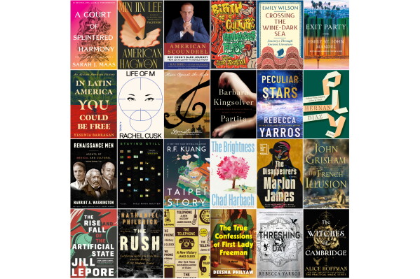 This combination of images show, top row from left, "A Court of Splintered Harmony" by Sarah J. Maas, "American Hagwon" by Min Jin Lee, "American Scoundrel" by Kai Bird, "Birth of a Culture" by Grandmaster Flash with Scoop Jackson, "Crossing the Wine-Dark Sea" by Emily Wilson, "Exit Party," by Emily St. John Mandel, second row from left, "In Latin America You Could Be Free" by Yesenia Barragan, "Life of M" by Rachel Cusk, "Music Against the Night" by Yiyun Li, "Partita" by Barbara Kingsolver, "Peculiar Stars" by Rebecca Yarros, "Ply" by Hernan Diaz, third row from left, "Renaissance Men" by Harriet A Washington, "Staying Still" by Hieu Minh Nguyen, "Taipei Story" by R.F. Kuang, "The Brightness" by Chad Harbach, "The Disappearers" by Marlon James, "The French Illusion" by John Grisham, bottom row from left, "The Rise and Fall of the Artificial State" by Jill Lepore, "The Rush" by Nathaniel Philbrick, "The Telephone" by James Gleick, "The True Confessions of First Lady Freeman" by Deeshaw Philyaw, "Threshing Day" by Rebecca Yarros, and "The Witches of Cambridge" by Alice Hoffman. (AP Photo)
