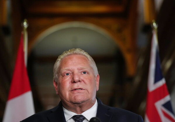 FILE - Ontario Premier Doug Ford speaks to the media during a press conference at Queen's Park in Toronto, Oct. 27, 2025. (Nathan Denette/The Canadian Press via AP, File)