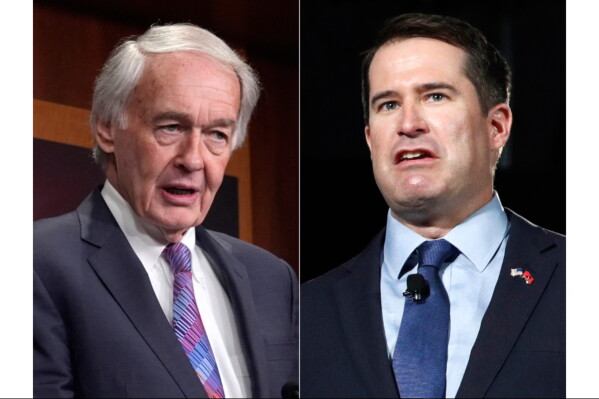 In this combination photo, Sen. Ed Markey, D-Mass., speaks during a news conference at the Capitol in Washington, March 27, 2025, left, and Rep. Seth Moulton, D-Mass., speaks during a candidate forum, Aug. 3, 2019, in Las Vegas. (AP Photo)