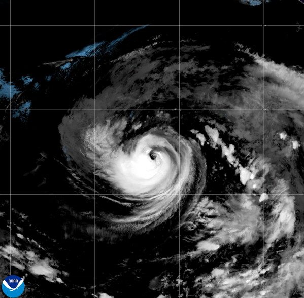 This satellite image released by NOAA shows Hurricane Karina strengthening off the southern tip of Baja California on Sunday, Aug. 30, 2026. (NOAA via AP)