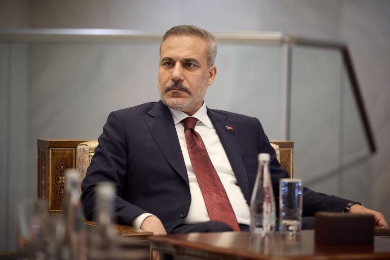 DAMASCUS, SYRIA - APRIL 5: (----EDITORIAL USE ONLY - MANDATORY CREDIT - 'TURKISH FOREIGN MINISTRY' / HANDOUT' - NO MARKETING NO ADVERTISING CAMPAIGNS - DISTRIBUTED AS A SERVICE TO CLIENTS----) Turkish Foreign Minister Hakan Fidan meets with Syrian Foreign Minister Asaad Hassan al-Shaibani (not seen) and Ukrainian Foreign Minister Andrii Sybiha (not seen) in Damascus, Syria, on April 5, 2026. ( Turkish Foreign Ministry - Anadolu Agency )