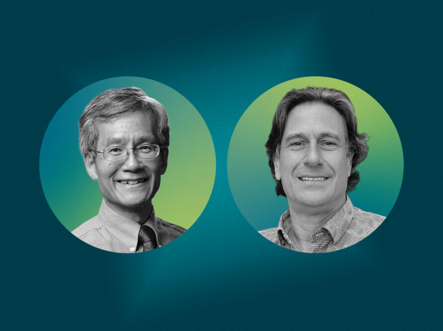 Portraits of two male scientists on a blue-green gradient