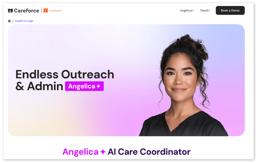 A website screengrab of a woman with dark hair and a black shirt smiling next to text that reads "Endless Outreach & Admin" and "Angelica AI Care Coordinator"