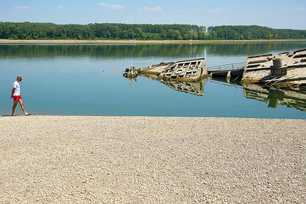 World War II ships emerging in Danube River