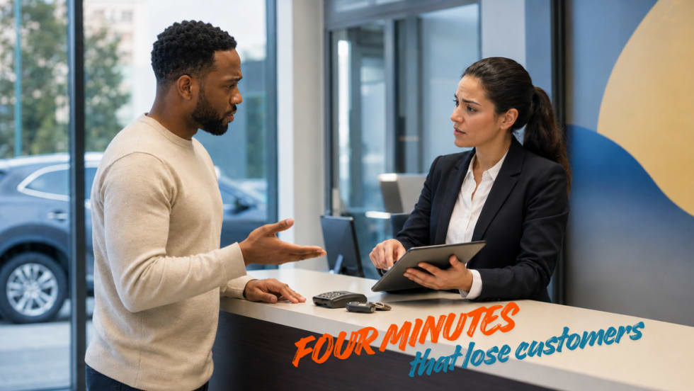 A counter agent chats with a customer over a rental counter