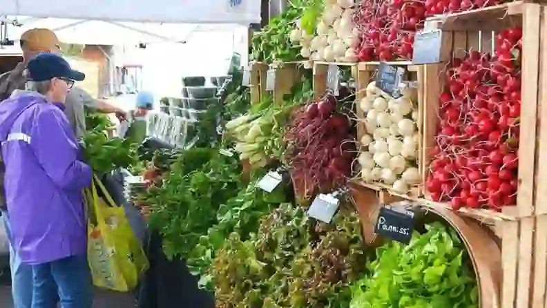 Vendor stand displaying radishes, turnips, and leafy greens