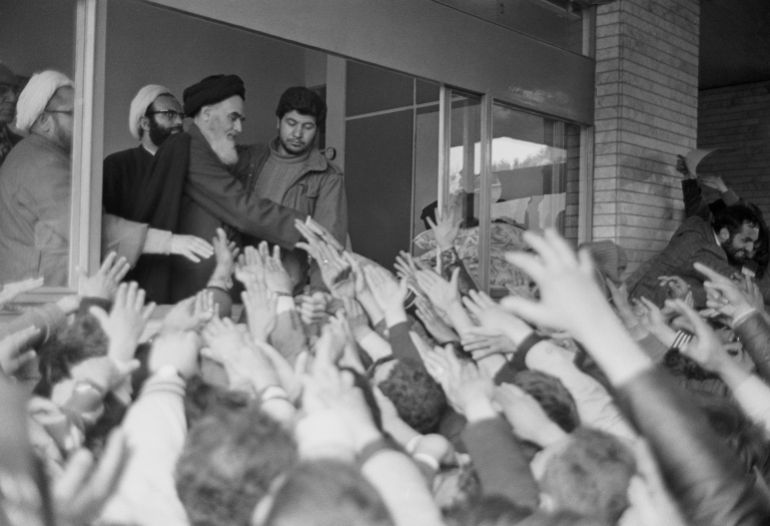 03 February, 1979 , Ayatollah Ruhollah Khomeini greets the crowd at Tehran University after his return to Iran from exile in France during the Iranian Revolution.