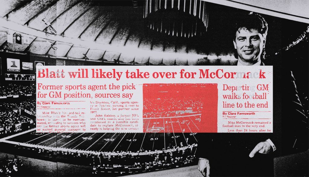 A newspaper cutting from the time stating Blatt's imminent hire as the Seahawk's new GM, layered over inage of Blatt in a stadium