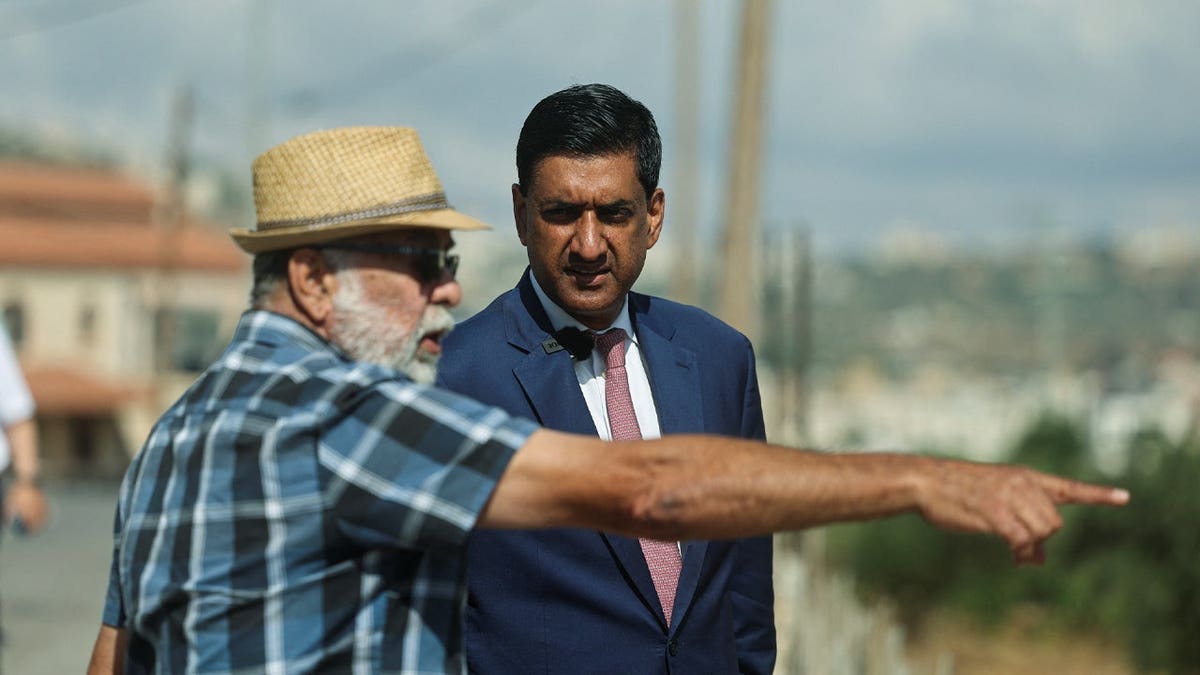 U.S. Representative Ro Khanna (D-CA) speaks with a Palestinian resident of Turmus Ayya, near Ramallah, during a visit in the Israeli-occupied West Bank, July 9, 2026.