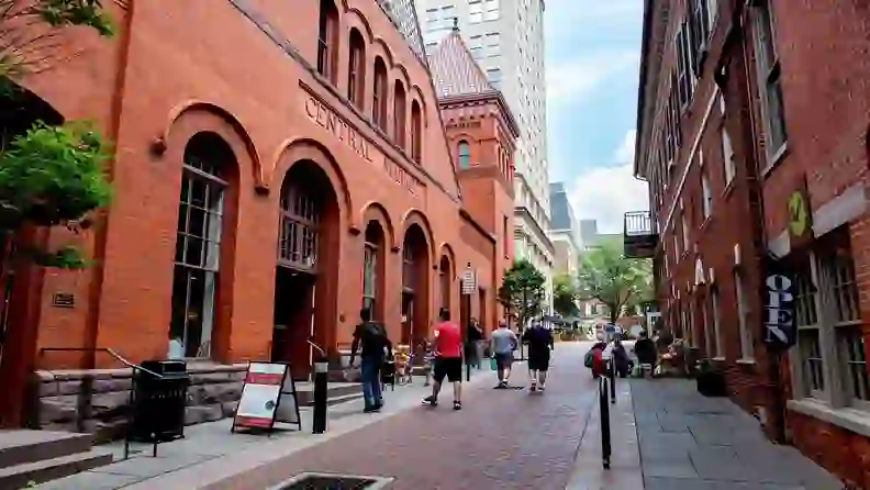 Brick exterior and pedestrian street outside Central Market