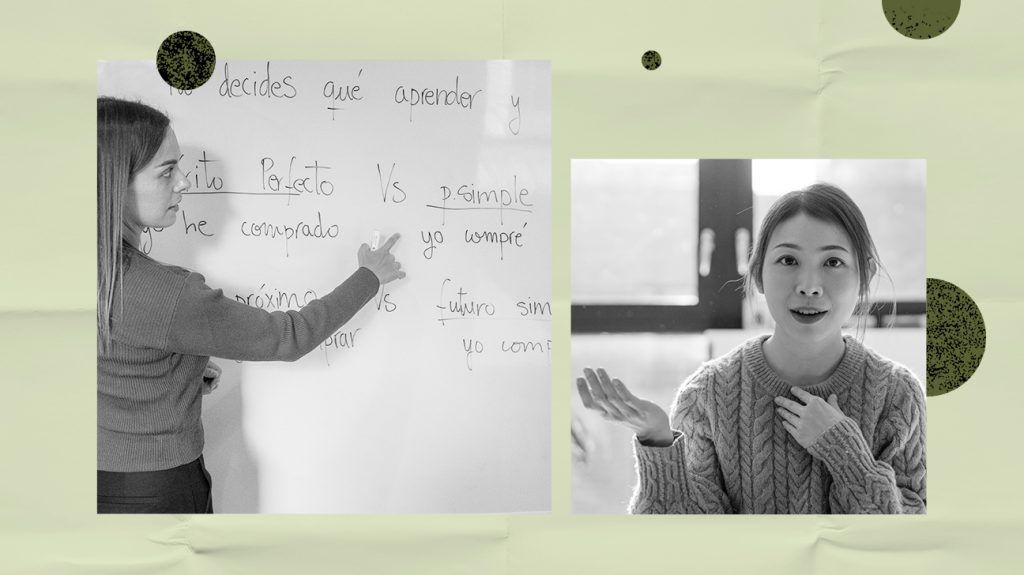 collage of two black and white photos, one showing a female teacher teaching Spanish and the other an adult student gesticulating