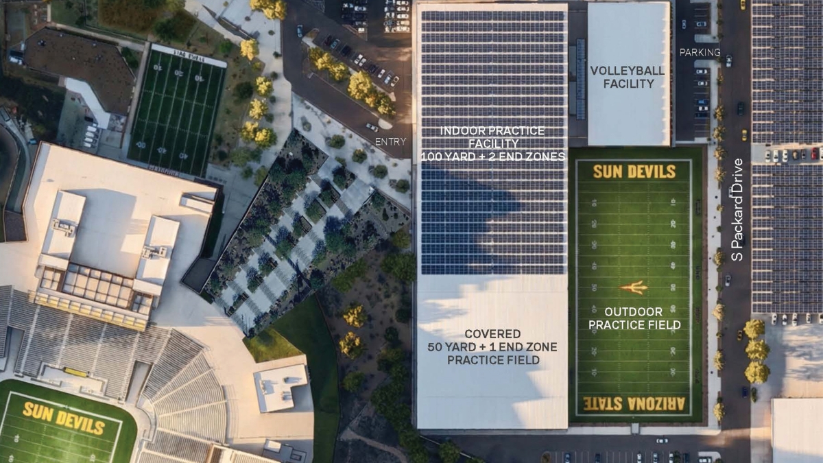 Aerial view of Sun Devil Stadium with a rendering of where new practice facilities will be to the east of it