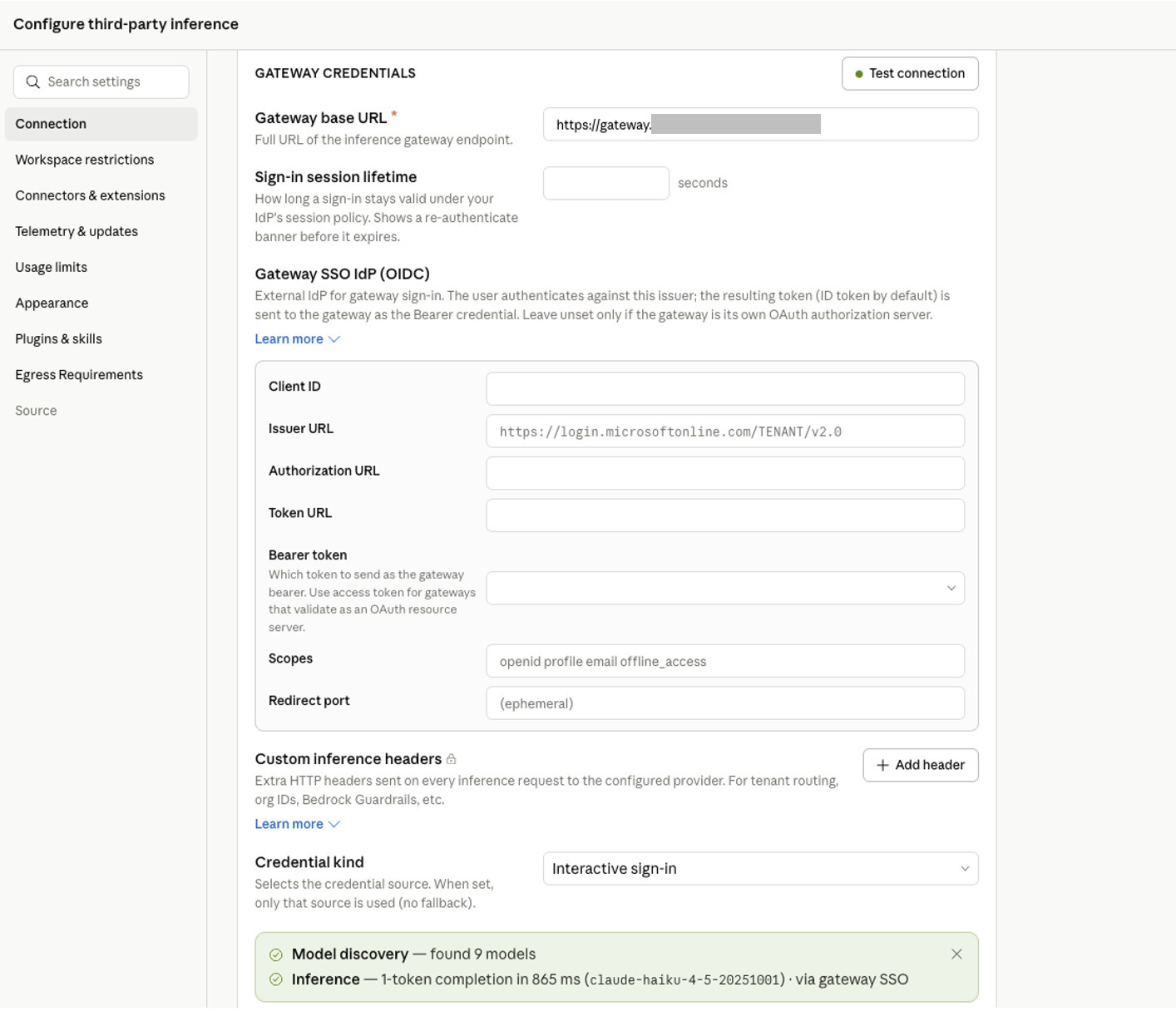 Claude Desktop settings configured to route inference through the gateway to Amazon Bedrock