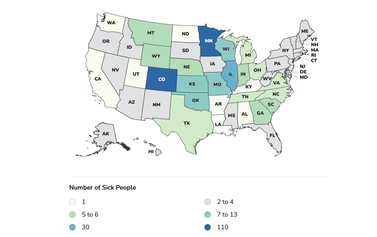 Map of U.S. showing number of cases of salmonella reported by state affected by outbreak linked to jalapeño peppers.