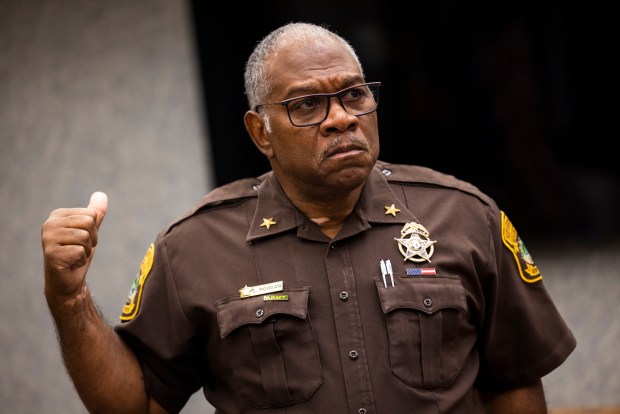 Newport News Sheriff Gabe Morgan speaks during a press conference explaining what happened during an incident on July 2 where seven inmates were able to escape their cells, but were still contained in the day area, at the sheriff's office on Wednesday, July 9, 2025. (Kendall Warner / The Virginian-Pilot)