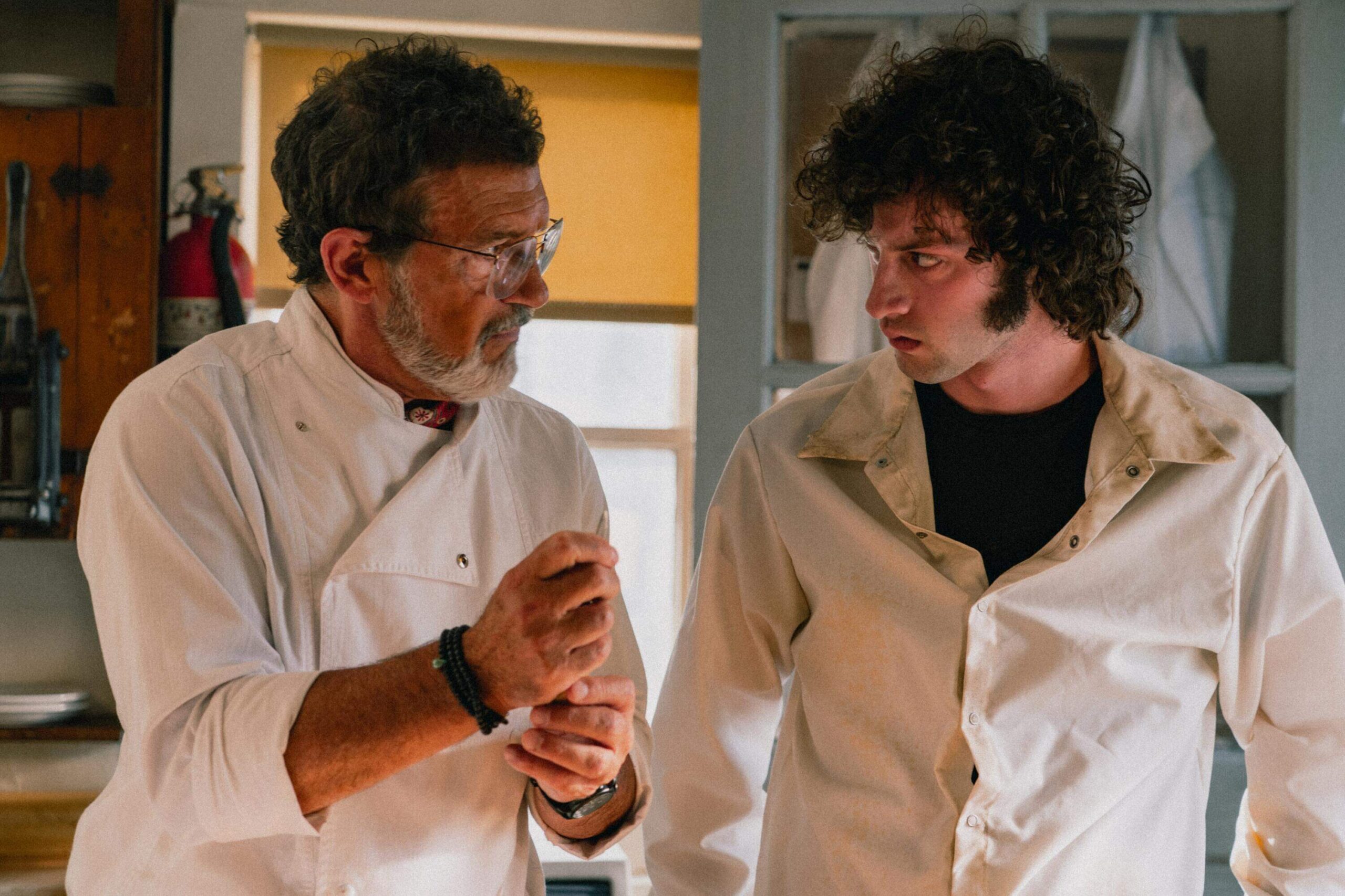From left: Antonio Banderas and Dominic Sessa in director Matt Johnson's film "Tony." (Courtesy Seacia Pavao/A24)