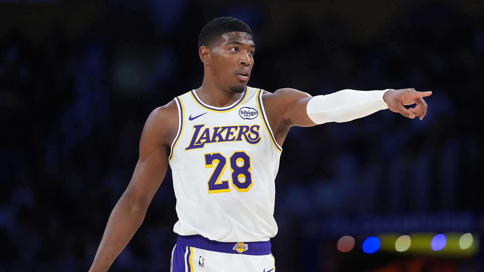 Los Angeles Lakers forward Rui Hachimura (28) reacts against the New York Knicks in the second half at Crypto.com Arena.