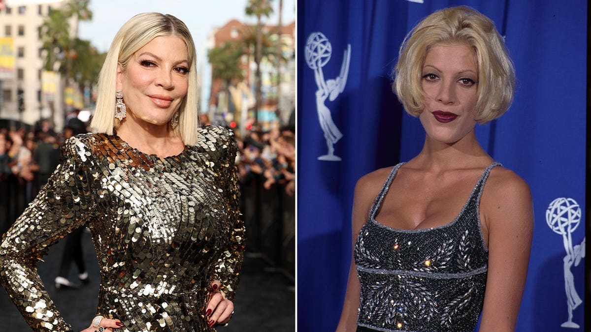 A side-by-side image shows Tori Spelling during her younger years on