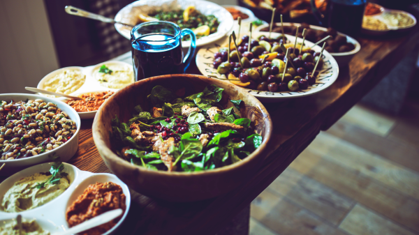 A table with various food and drink items