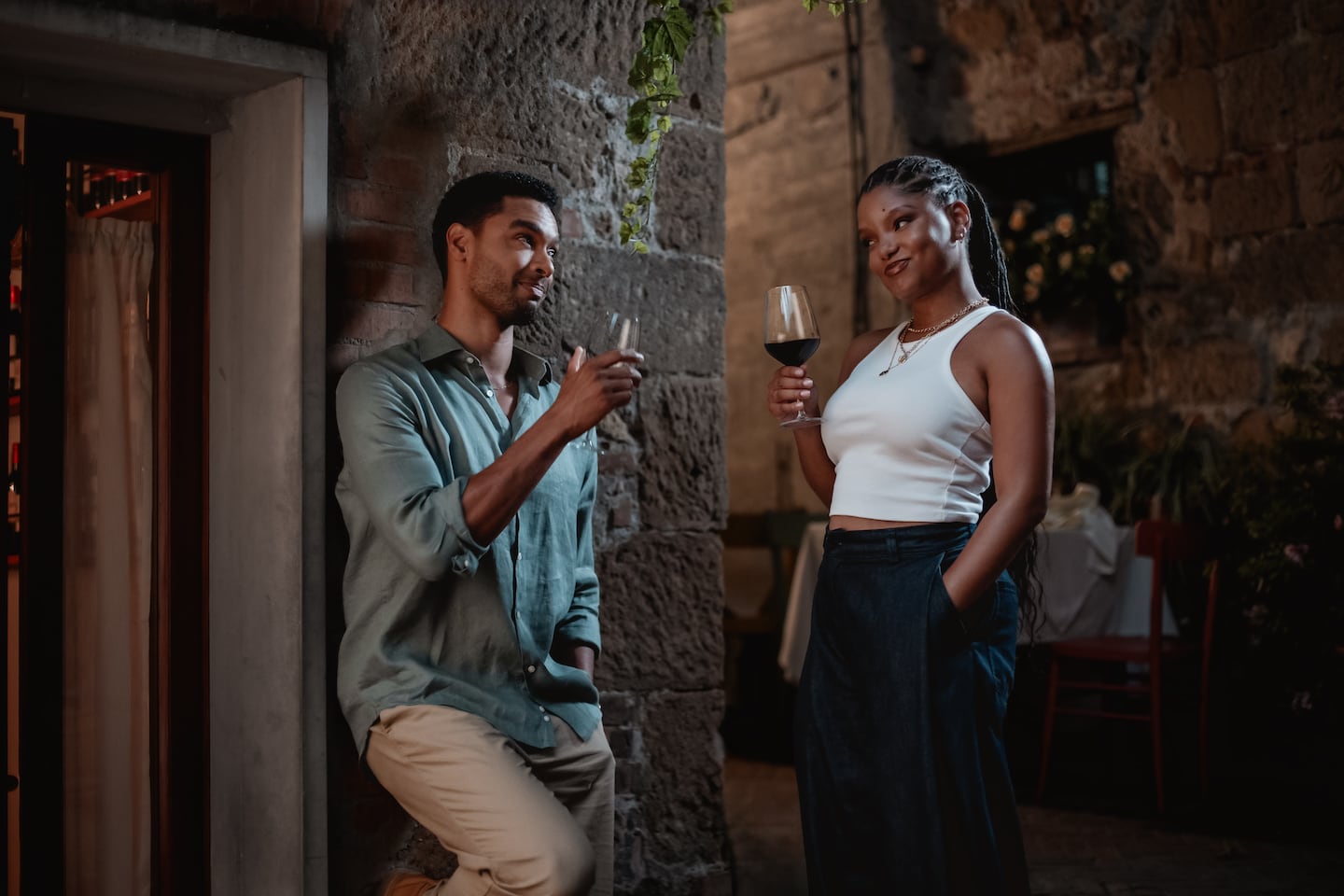 Michael (Regé-Jean Page) and Anna (Halle Bailey) in "You, Me & Tuscany."
