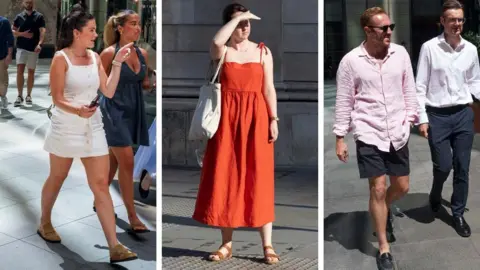Getty Images Three vertical photos, from left a woman wearing a white mini dress, a woman wearing an orange strappy maxi dress and men wearing shorts and shirts all walking in the street in London