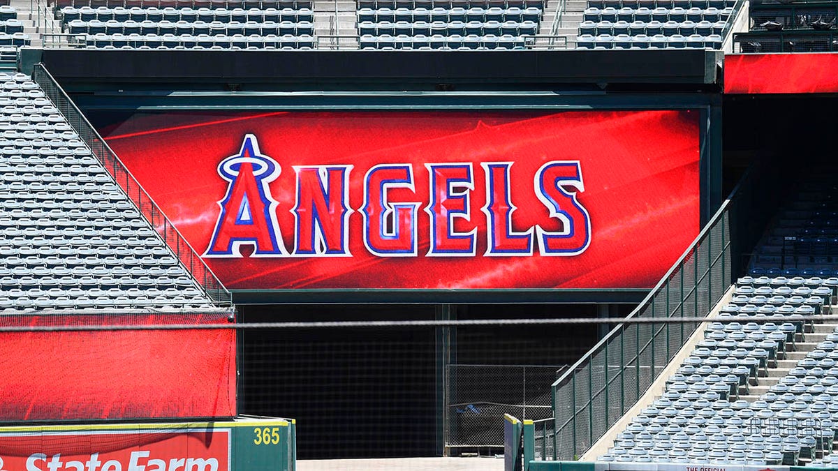 A general view of the Angels logo on a ribbon board during a summer workout in preparation for a shortened MLB season during the coronavirus (COVID-19) pandemic on Friday, July 10, 2020 at Angel Stadium in Los Anaheim, California.