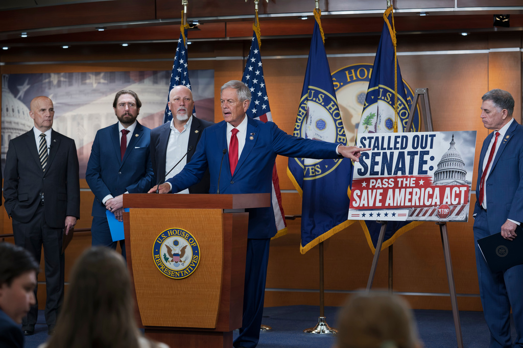 Rep. Ralph Norman, R-S.C., center, is joined by members of the conservative House Freedom Caucus as they criticize the Senate for not acting on the Save America Act at the Capitol in Washington, Thursday, June 25, 2026.