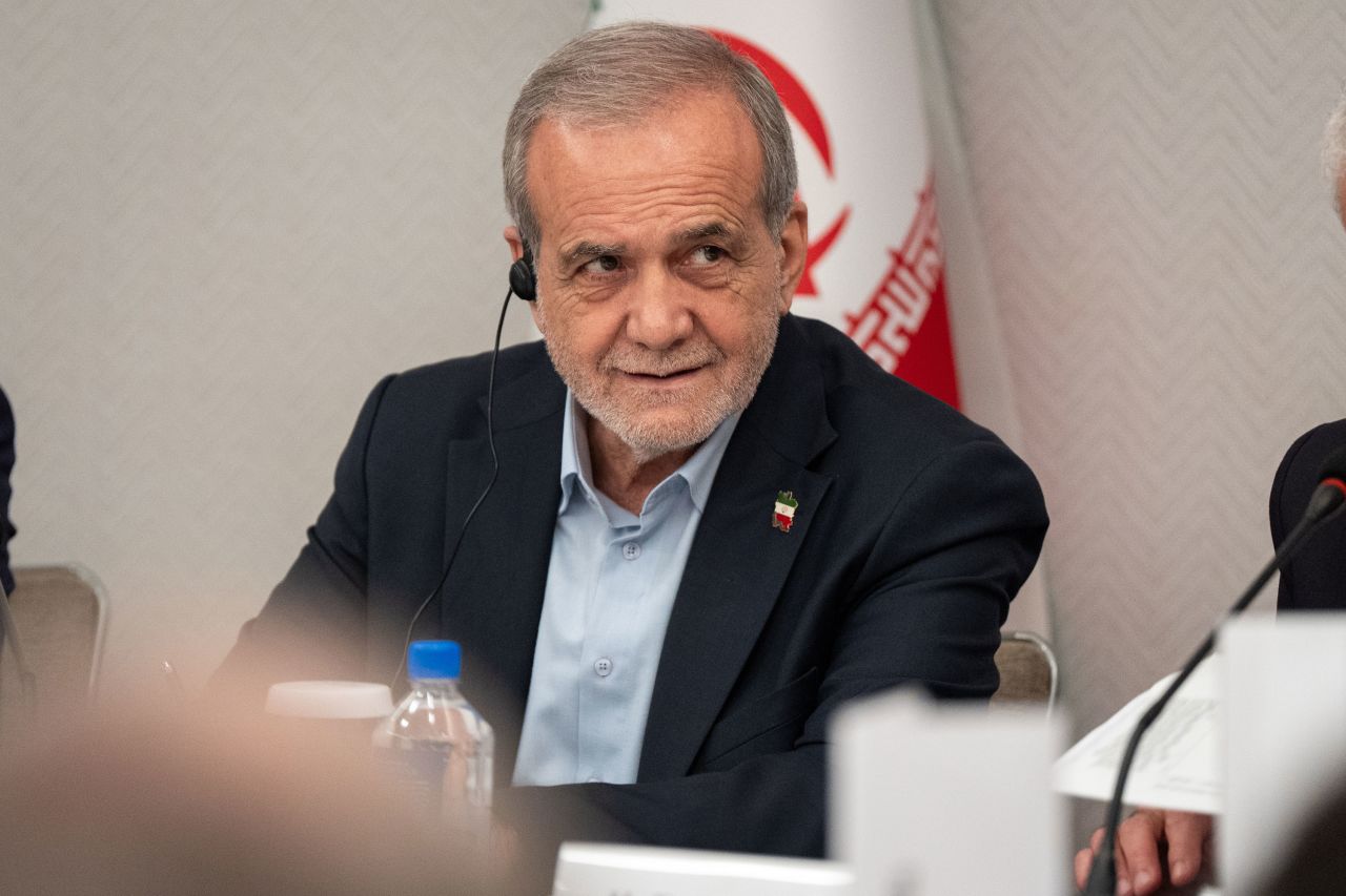 Iranian President Masoud Pezeshkian takes questions from the media during a news conference in New York in September.