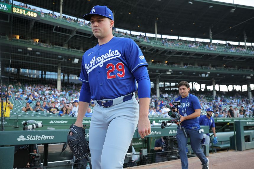 Los Angeles Dodgers starting pitcher Tarik Skubal makes his way to the bullpen prior to a baseball game against the Chicago Cubs.