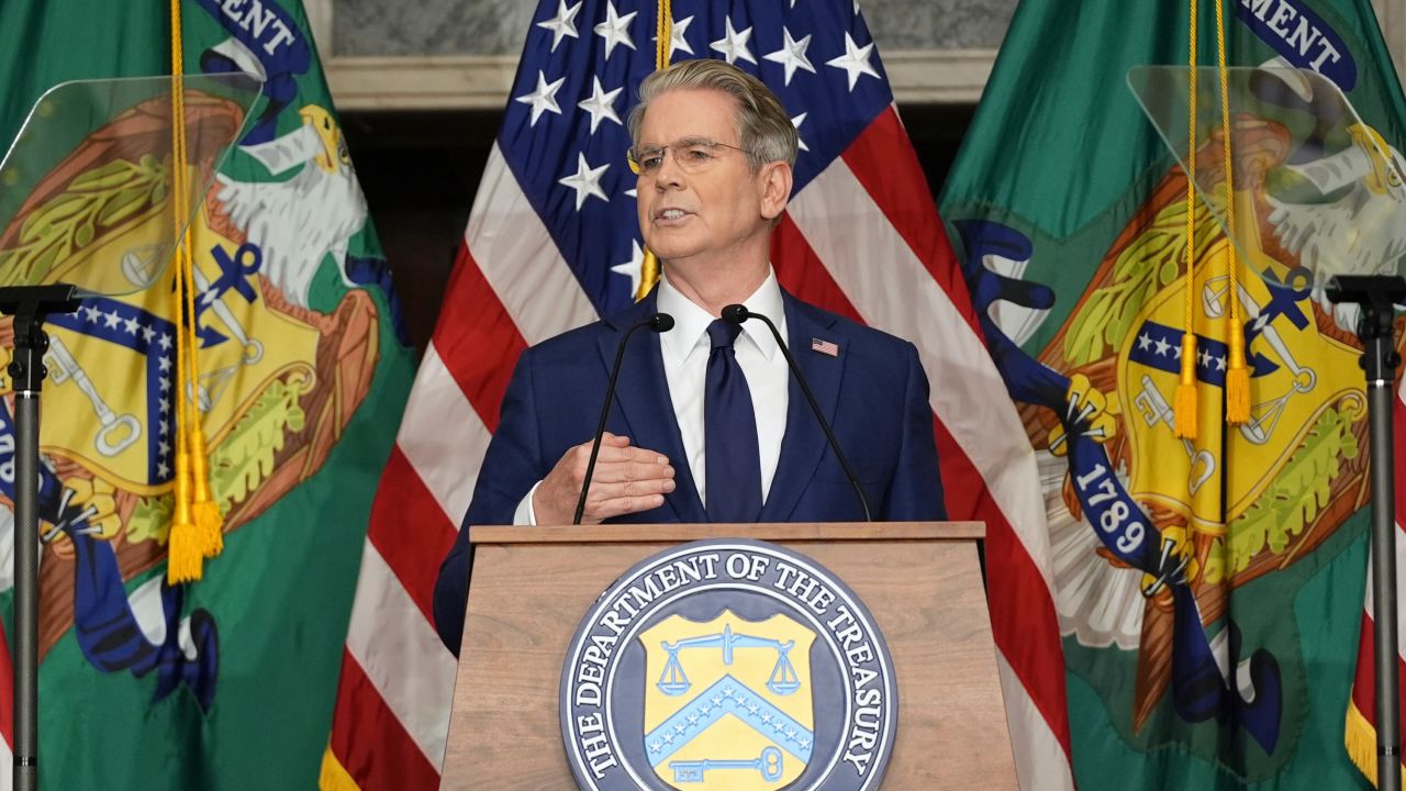 Treasury Secretary Scott Bessent speaks at a news conference, Monday, Aug. 24, 2026, at the Treasury Department in Washington. (AP Photo/Julia Demaree Nikhinson)