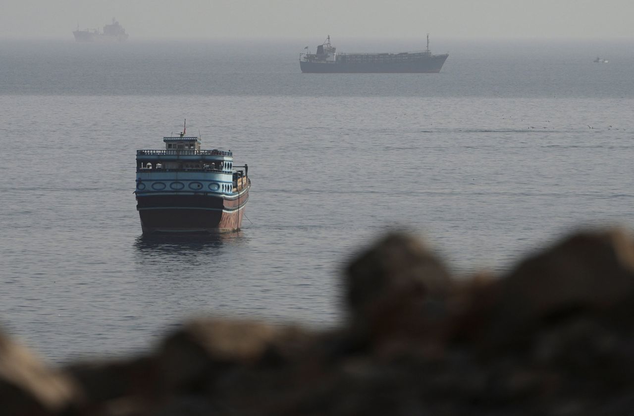 Vessels in the Strait of Hormuz are seen from Musandam, Oman, on August 3.