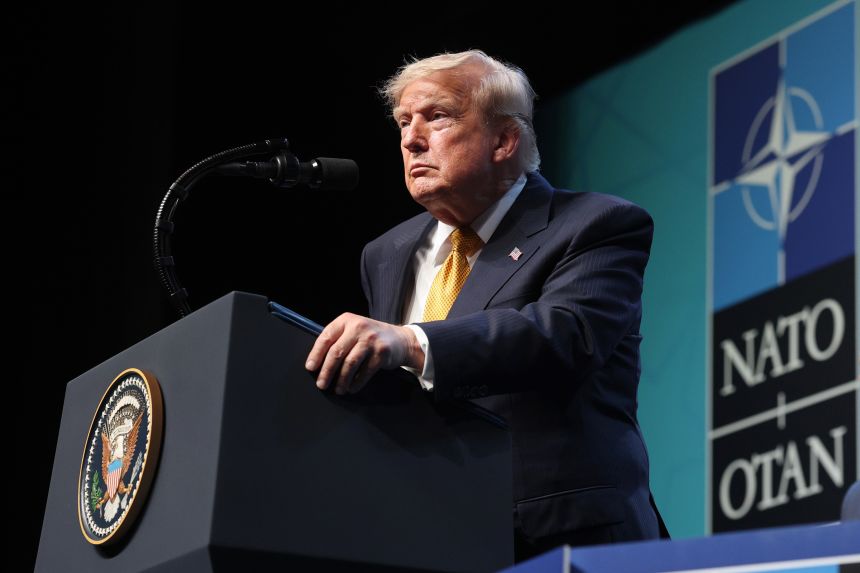 President Donald Trump speaks at a press conference during the 2026 NATO Leaders Summit at the Beştepe Presidential Compound on July 8, in Ankara, Turkey.