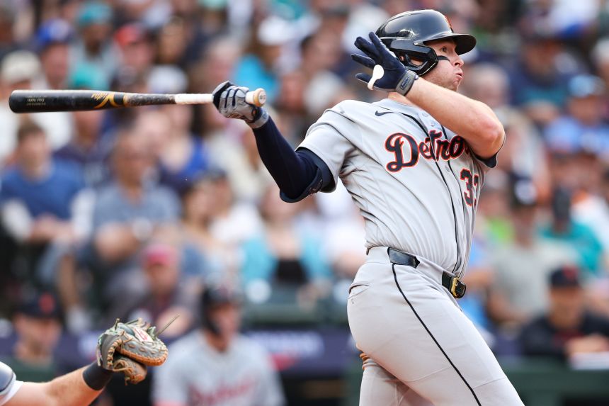 Colt Keith of the Detroit Tigers hits a two-run single in the third inning against the Seattle Mariners earlier this month.