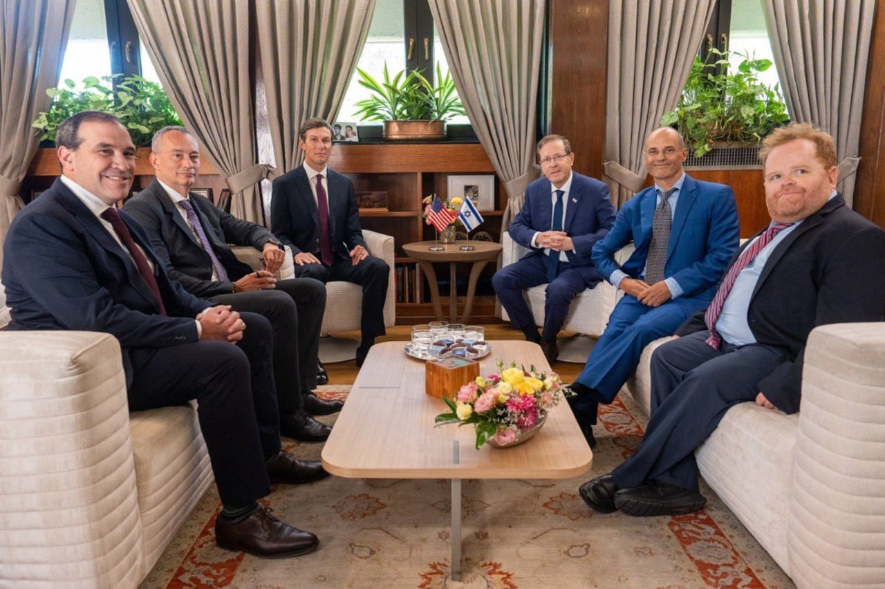 Jared Kushner, adviser and son-in-law to President Donald Trump (3rd L), meets with Israeli President Isaac Herzog (3rd R) during his visit, in Jerusalem on Monday.