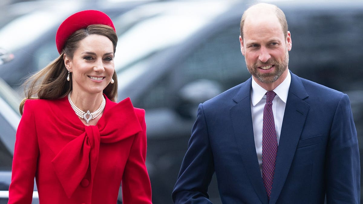 Catherine, Princess of Wales and Prince William of Wales stand together at Westminster Abbey during Commonwealth Day celebrations.